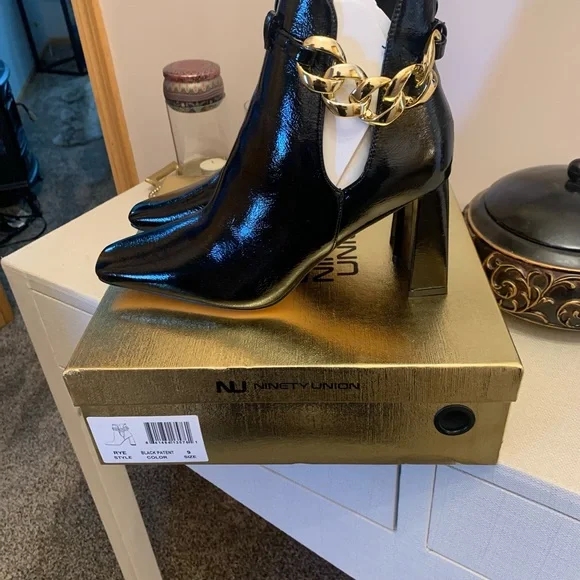 Ninety Union Black Heeled Boots with Gold Chain - Picture 3 of 4